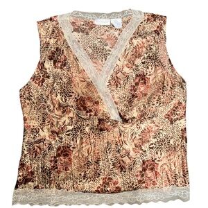 Worthington Y2K Silky Floral Foliage Brown Blouse Flower Lace V-neck  Sz L